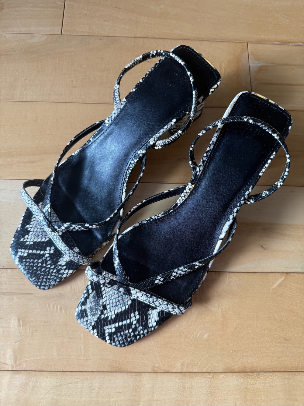 Women's Black & White Snake-Print Strappy Heeled Sandals